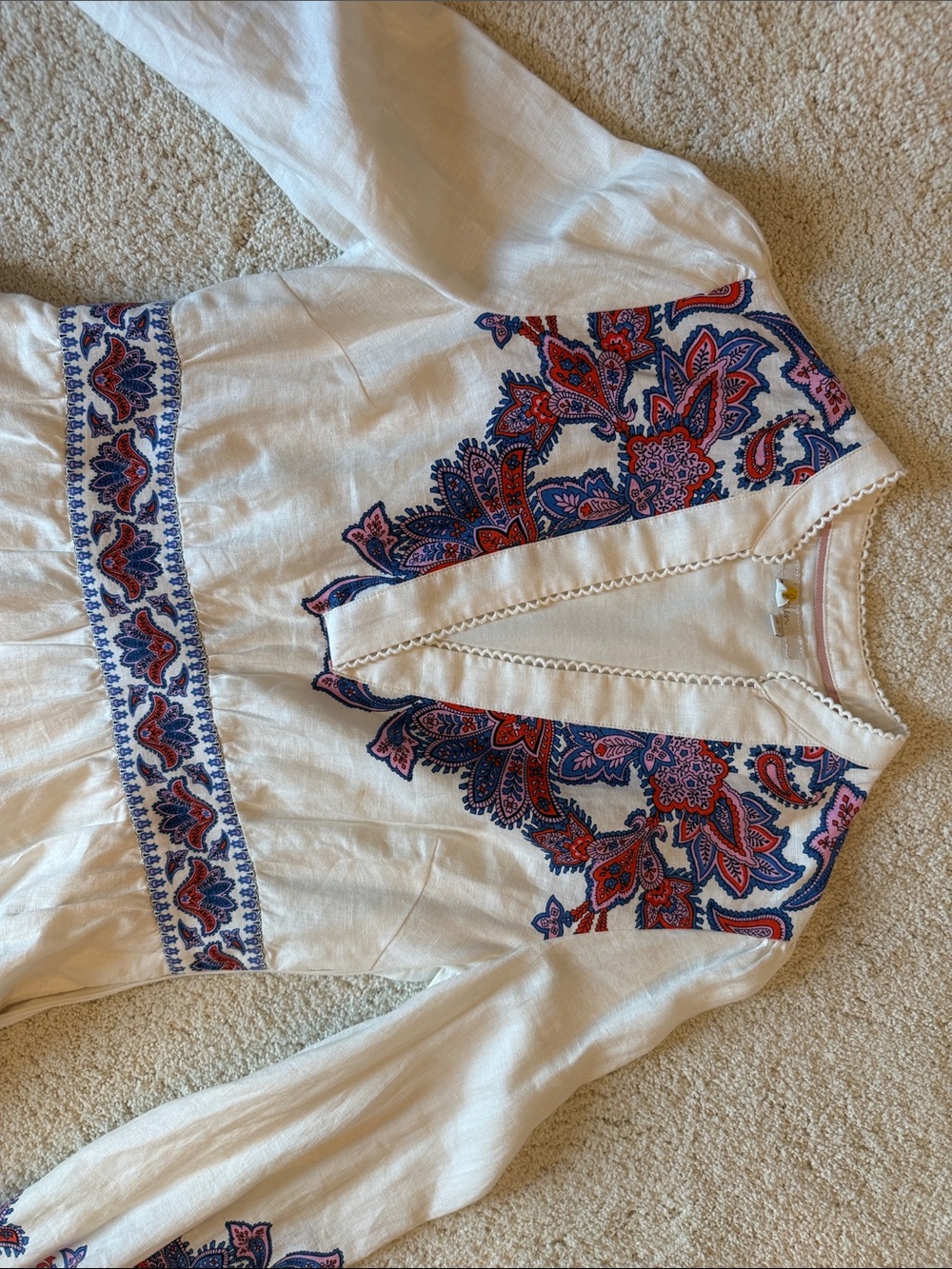 Boden Flora Linen Mini Dress 6 Poof Sleeve Fitted Waist Paisley Bohemian - Picture 2 of 4